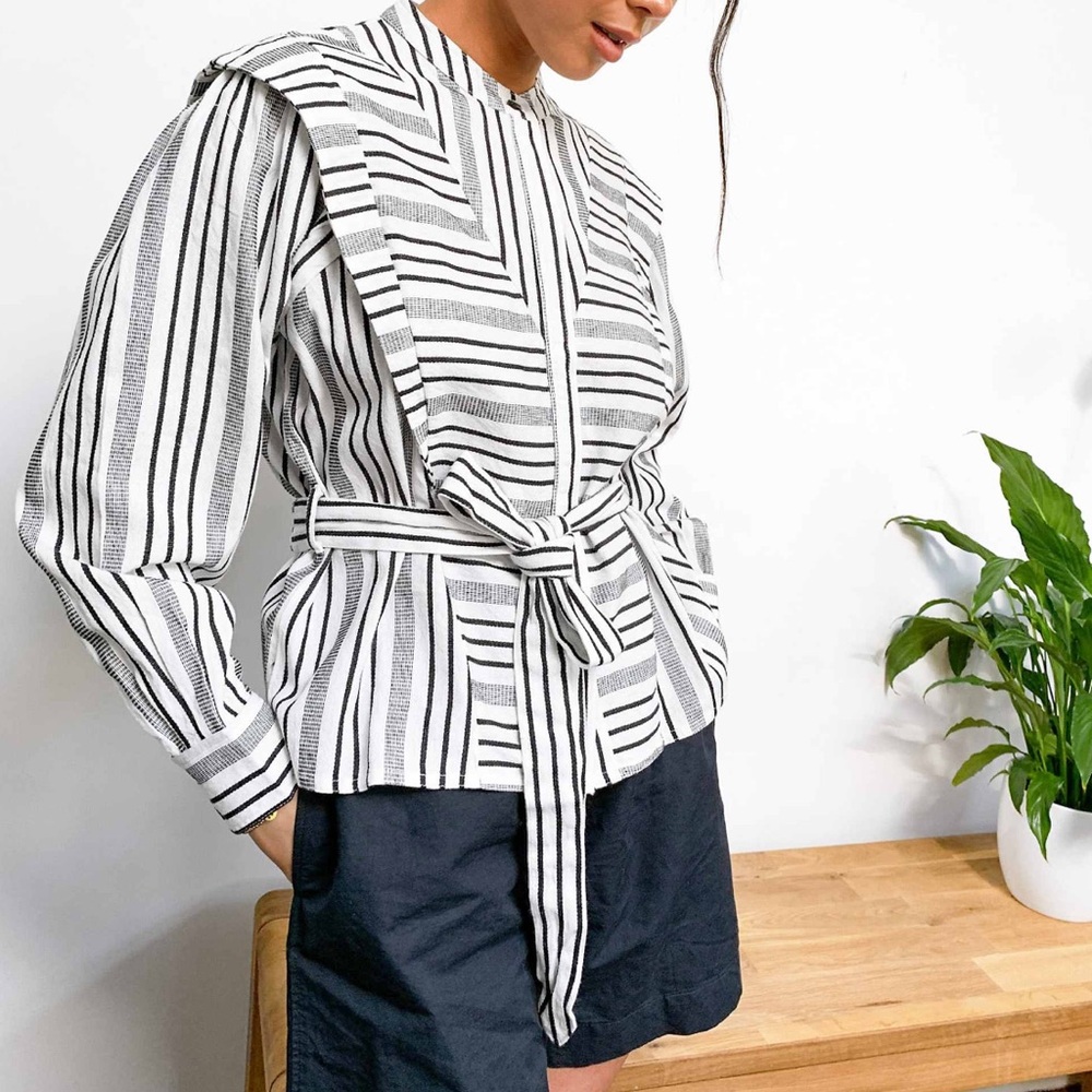 Topshop Belted Striped Black and White Blouse